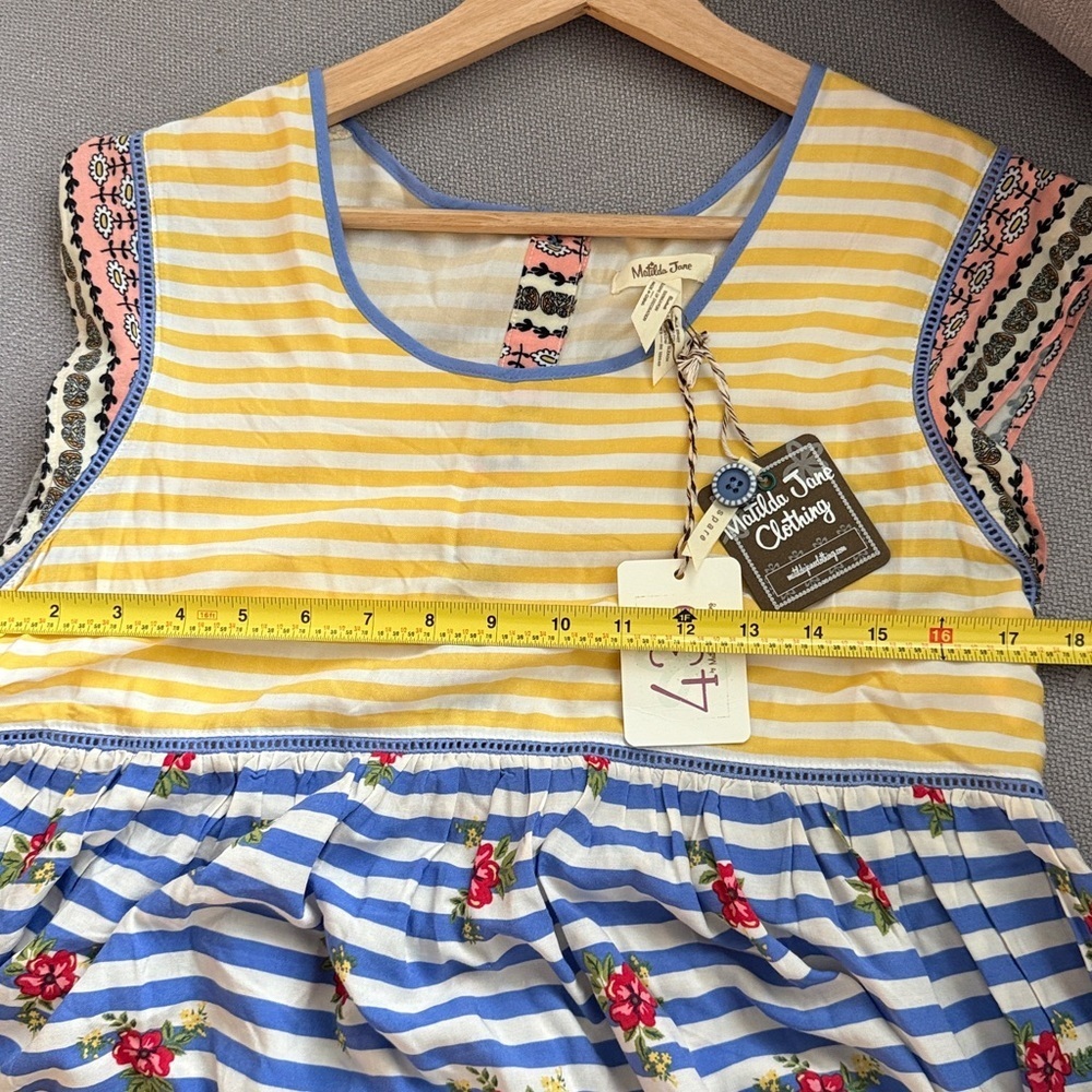 Matilda Jane Yellow & Blue Striped Dress with Red Floral Accents Size M - Picture 10 of 11